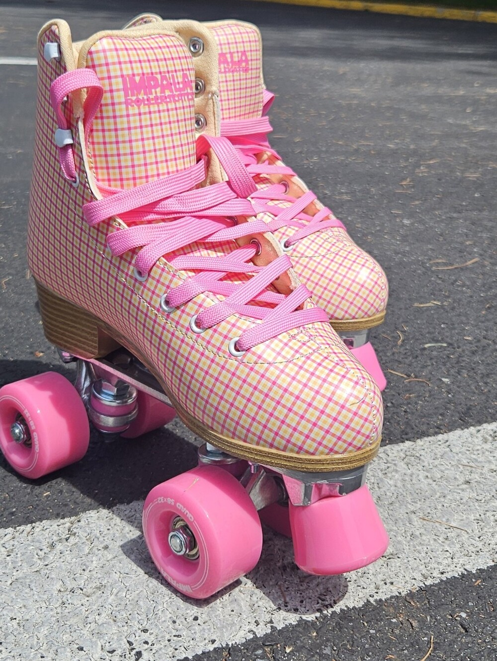 Impala Rollerskates QUAD  Pink Plaid Roller Skates with Hot Pink Wheels